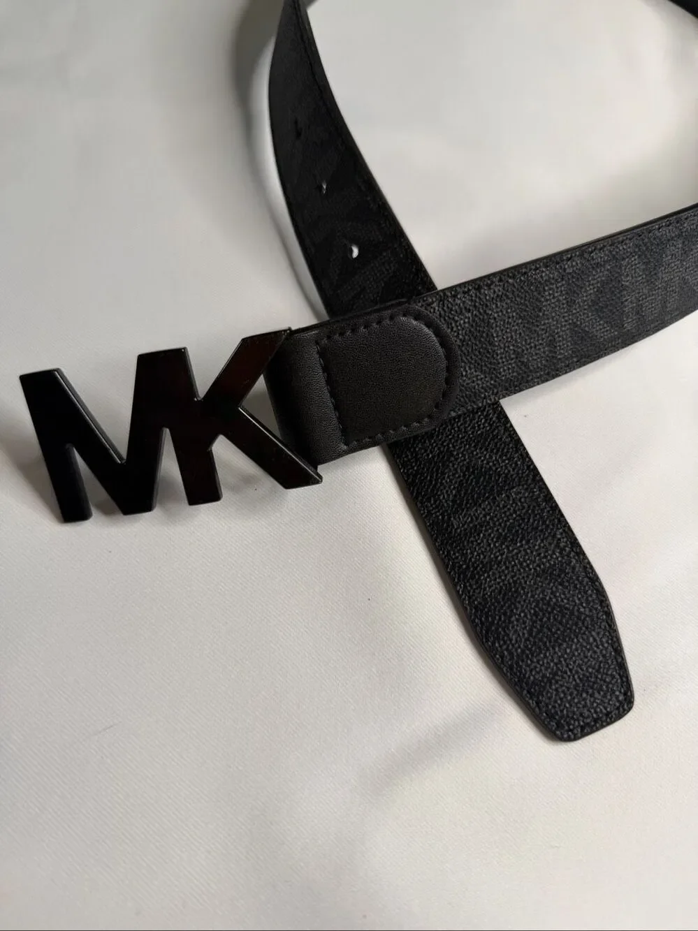 Michael Kors Men's Silver Tone MK Logo Buckle Black Monogram Belt Size 32